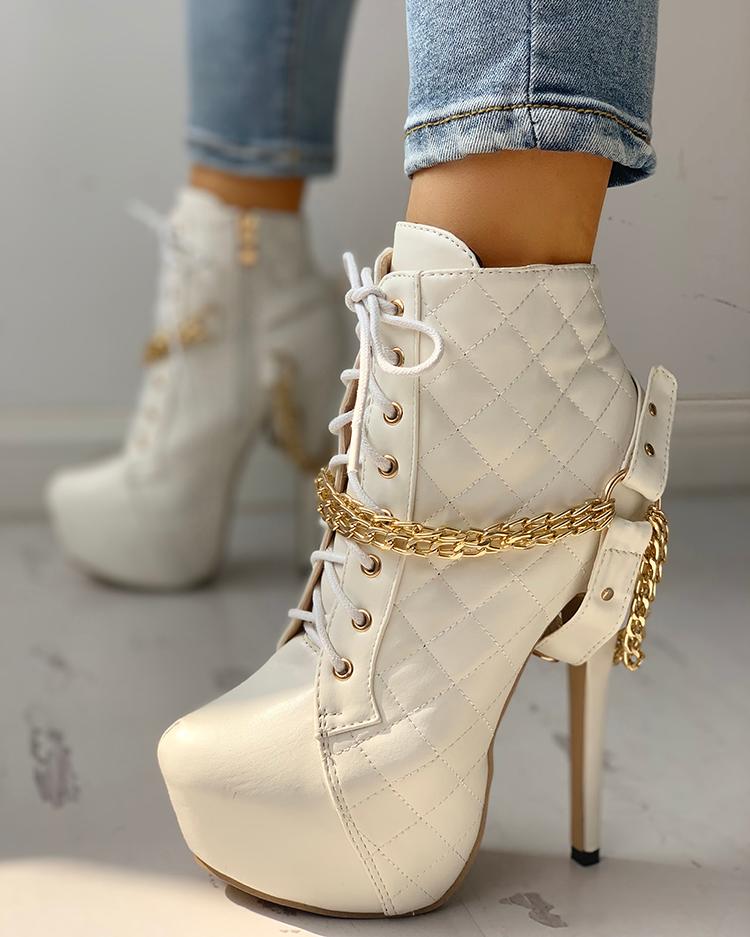 

Metallic Chains Embellished Platform Lace-Up Heels