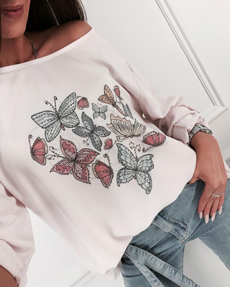 

Butterfly Print Long Sleeve Blouse, Light pink