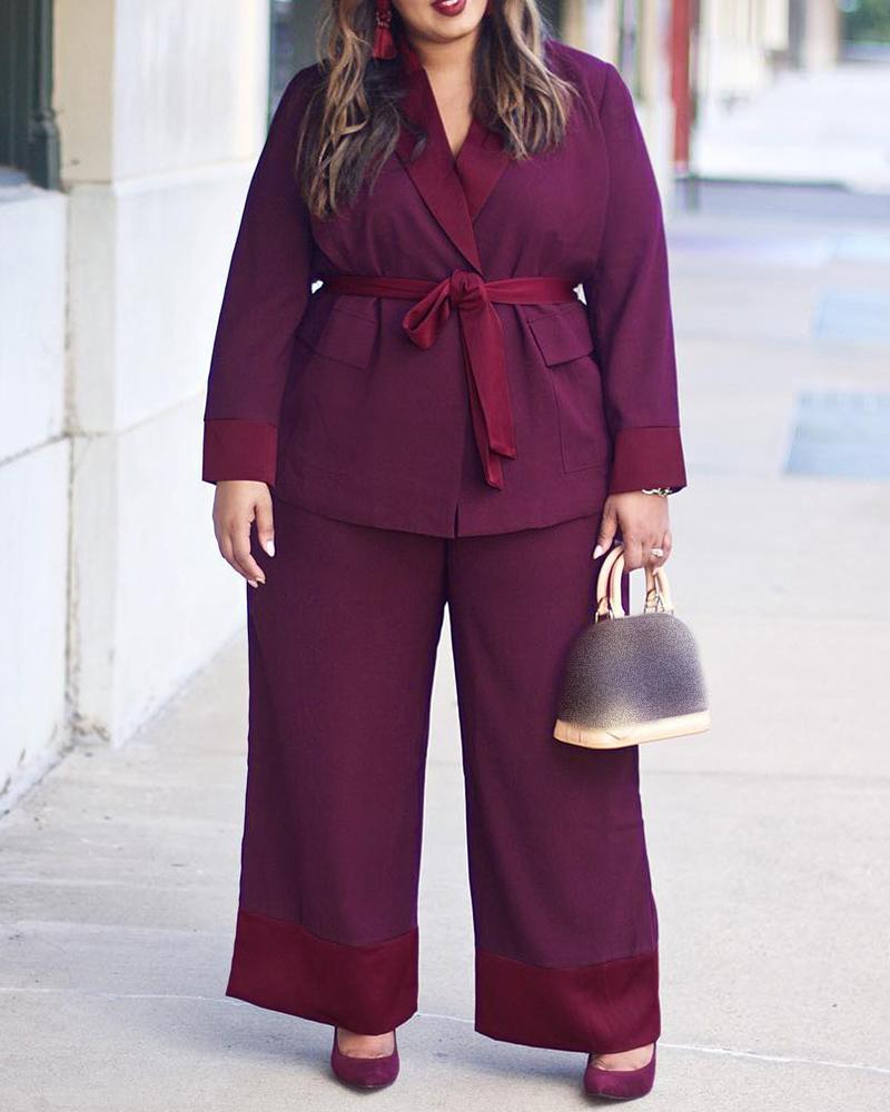 

Plus Size Plain Blazer Coat & Wide Leg Pants Set, Dark red