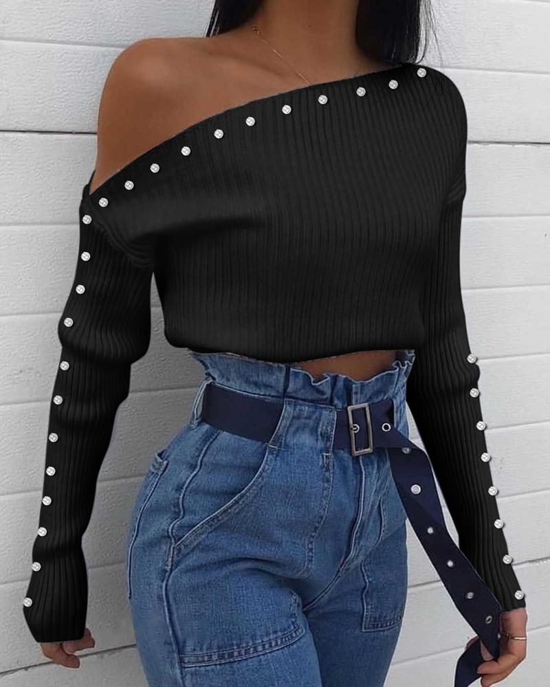 

Beaded Skew Neck Batwing Sleeve Ribbed Blouse, Black