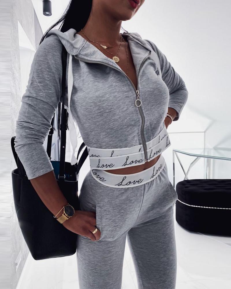

Letter Print Hooded Top & Pants Set, Gray