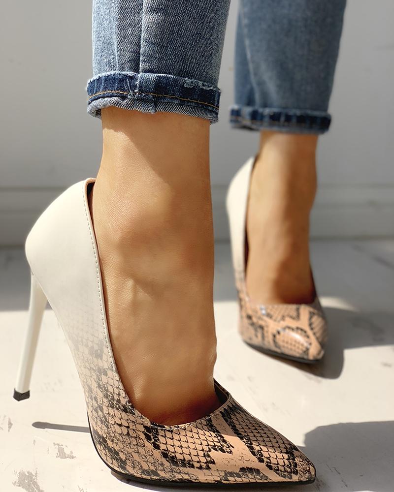 

Pointed Toe Snakeskin Colorblock Insert Thin Heels, Apricot