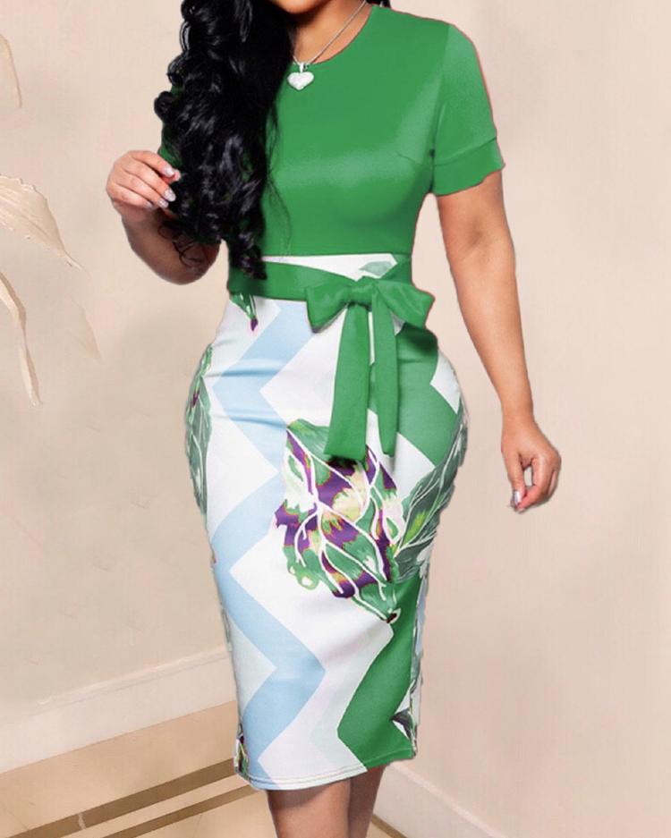 

Contrast Color Abstract Print Midi Dress, Green