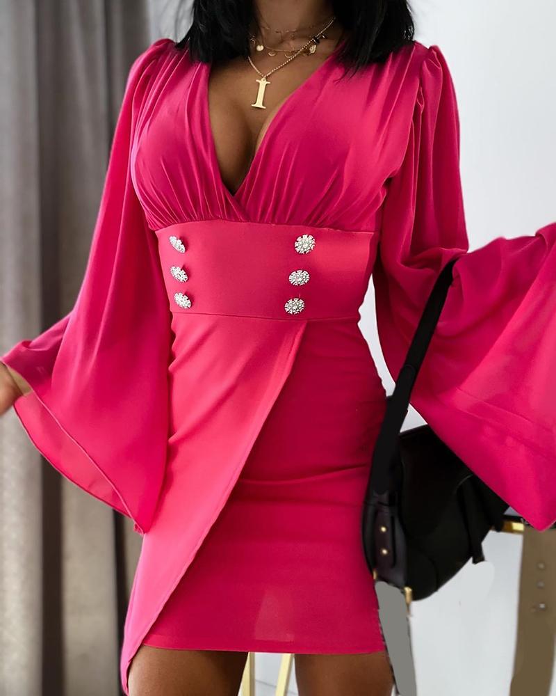 

Solid Mesh Bell Sleeve V-neck Dress, Hot pink