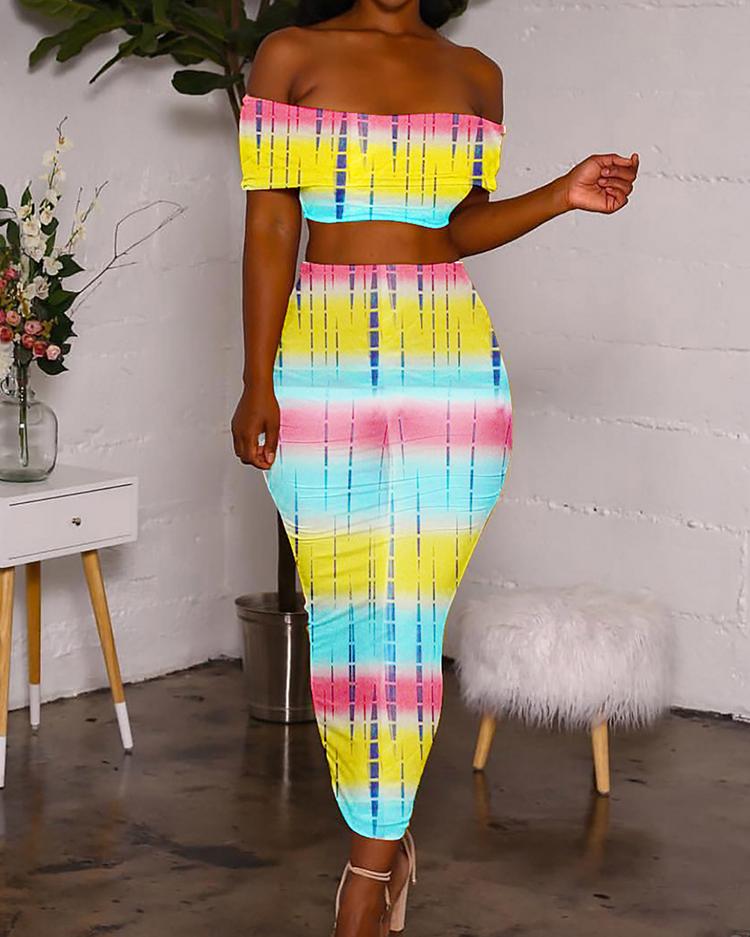 

Digital Print Off Shoulder Top With Slinky Skirt Sets