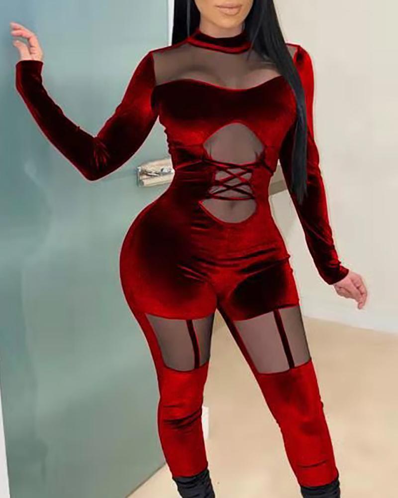 

Velvet Mesh Lace-Up Cut Out Jumpsuit, Wine red