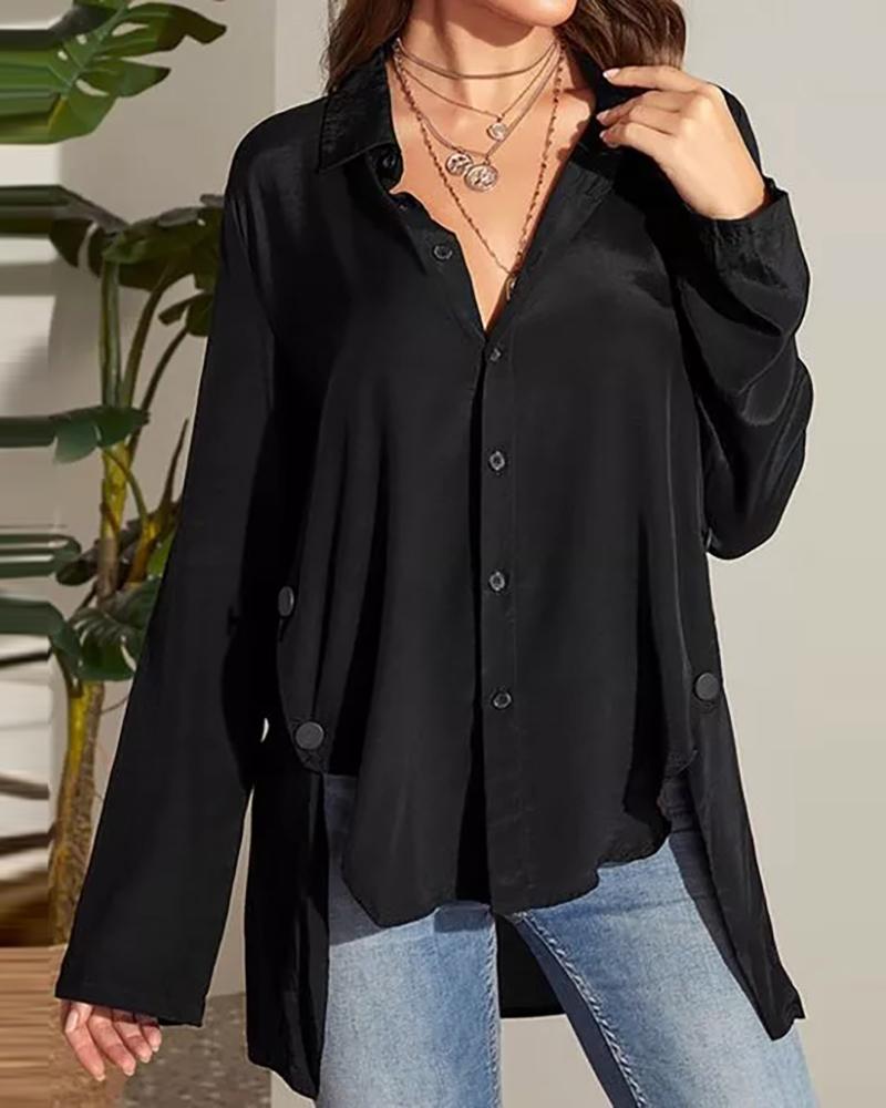 

Dip Hem Plain Buttoned Shirt, Black