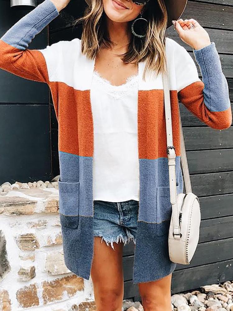 

Colorblock Striped Open Front Casual Cardigan
