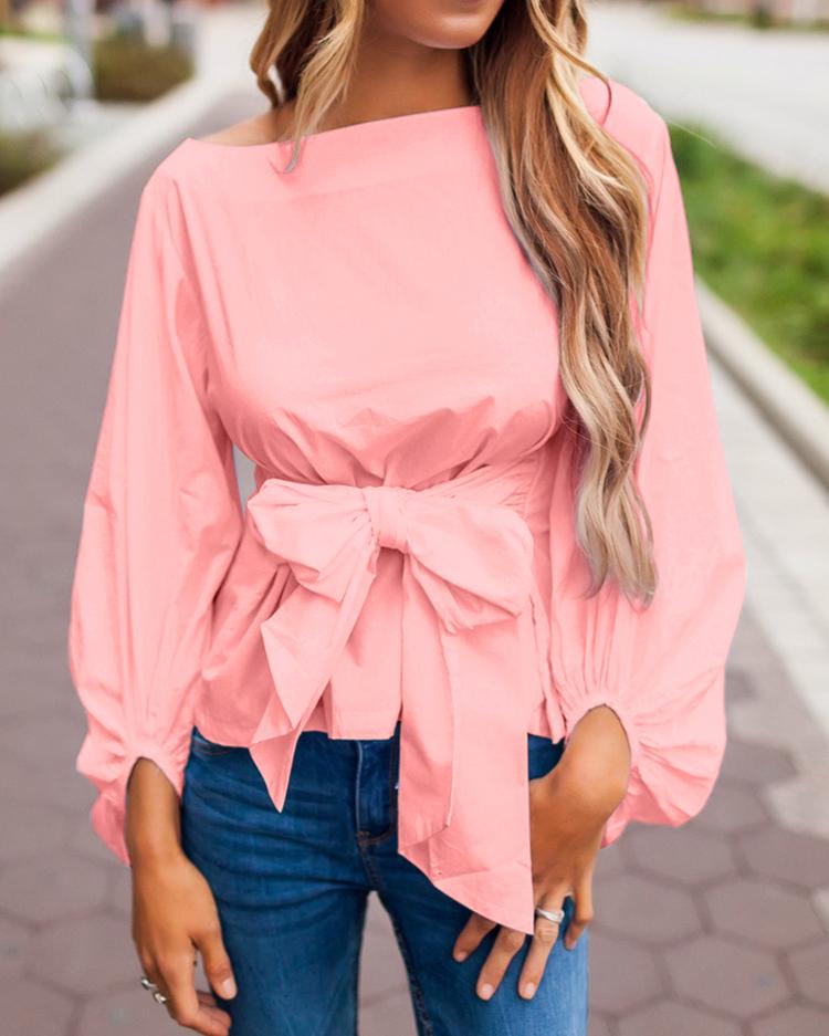 

Sexy Lantern Sleeve Bowtie Belted Blouse Tops