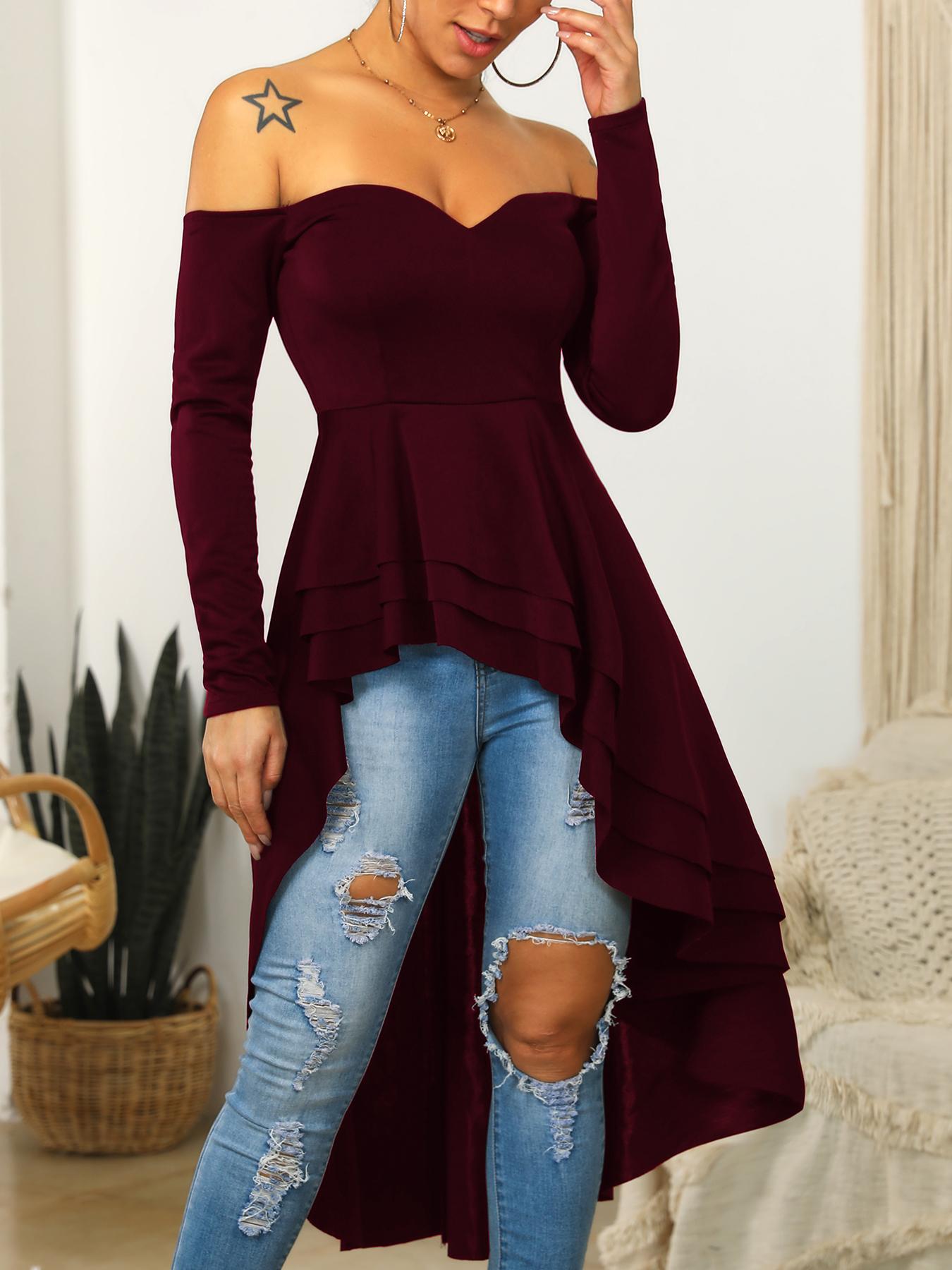 

Off Shoulder Long Sleeve Dip Hem Blouse, Wine red