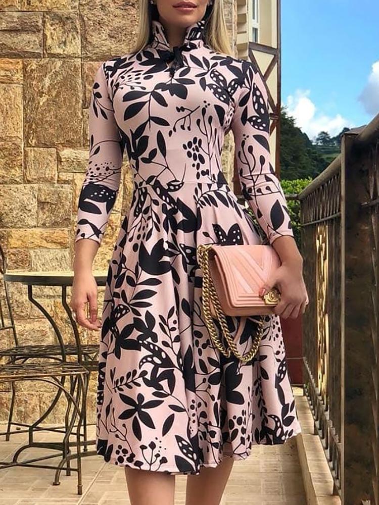 

Vintage Floral Print Long Sleeve Casual Dress, Pink