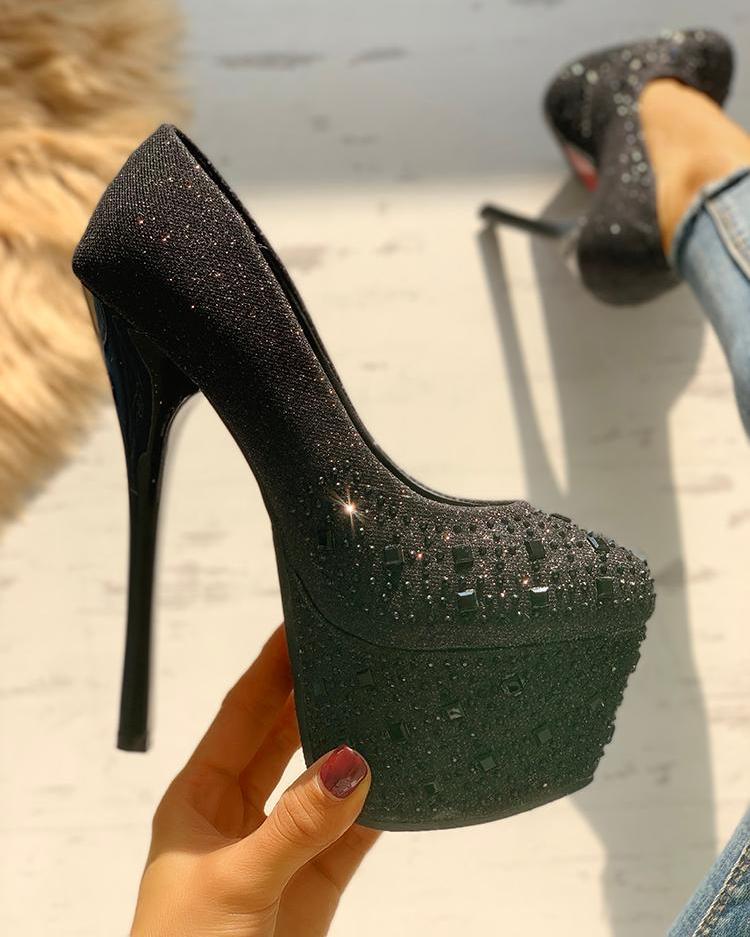 

Glitter Stud Detail Platform Thin Heels, Black