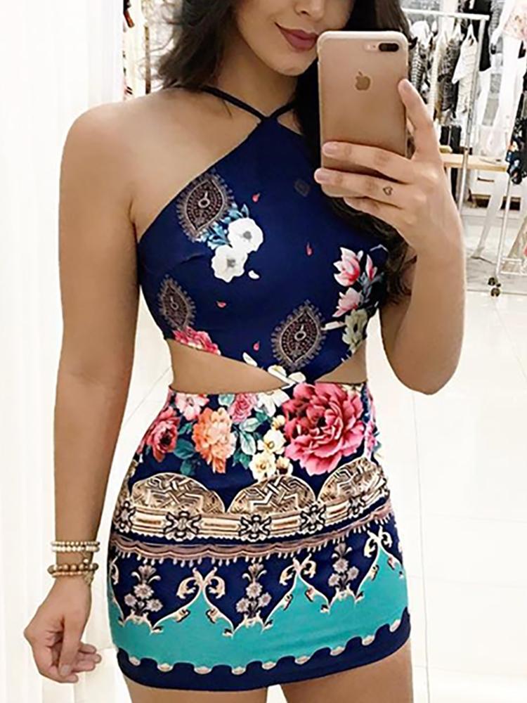 

Ethnic Print Halter Cutout Waist Bodycon Dress