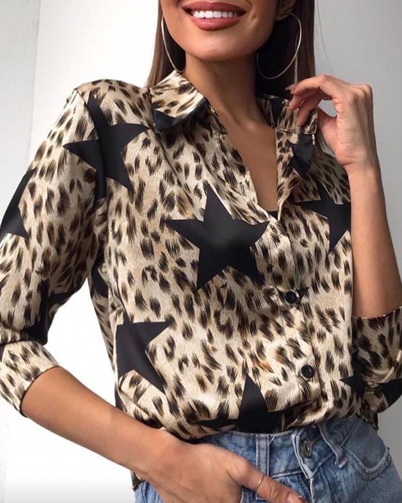 

Stars & Leopard Print Casual Blouse, Brown