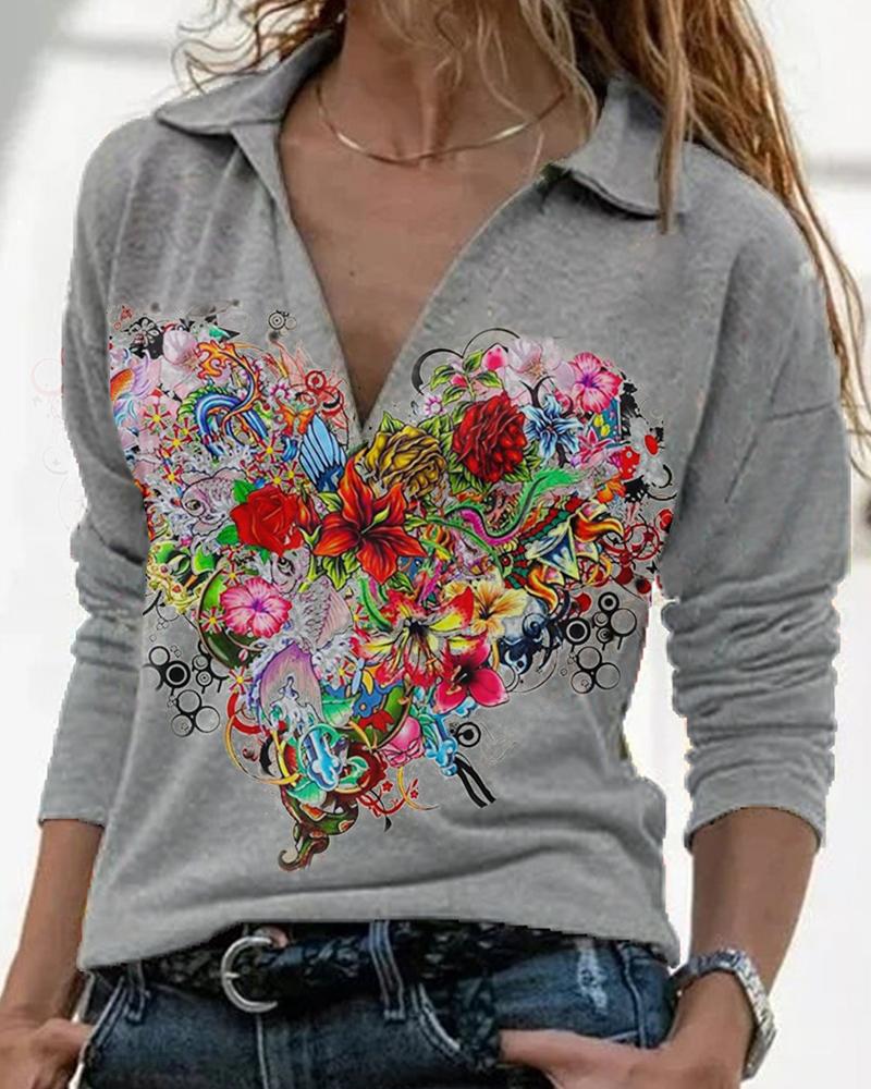 

Multicolor Heart Print Long Sleeve Polo Shirt, Gray