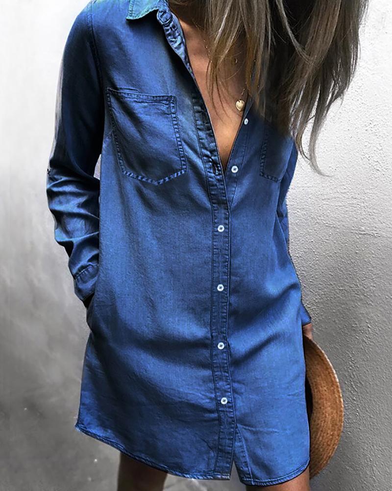 

Denim Solid Pocket Casual Shirt Dress, Blue