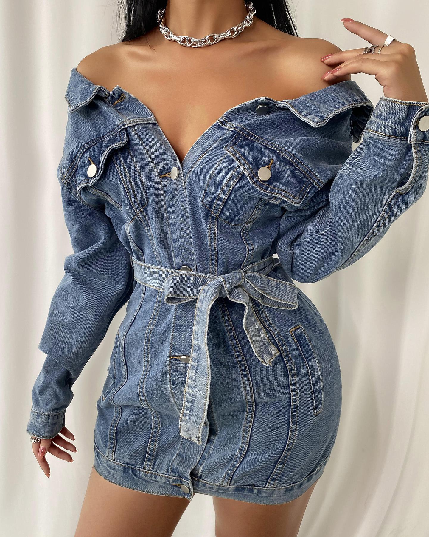 

Pocket Design Denim Bodycon Dress, Blue
