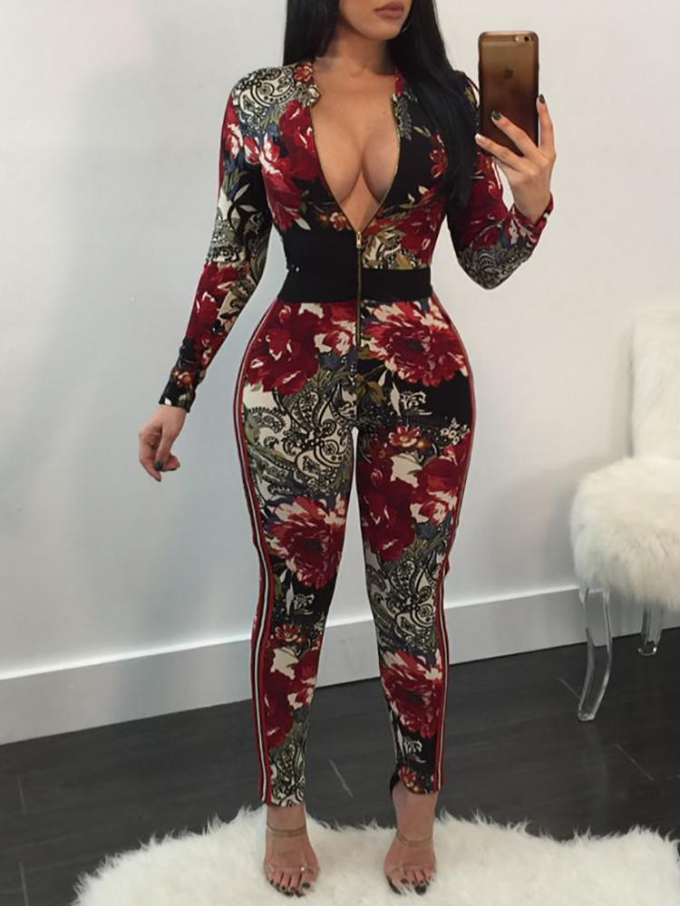 

Digital Print Zipper Up Front Plus Size Slinky Jumpsuit, Red