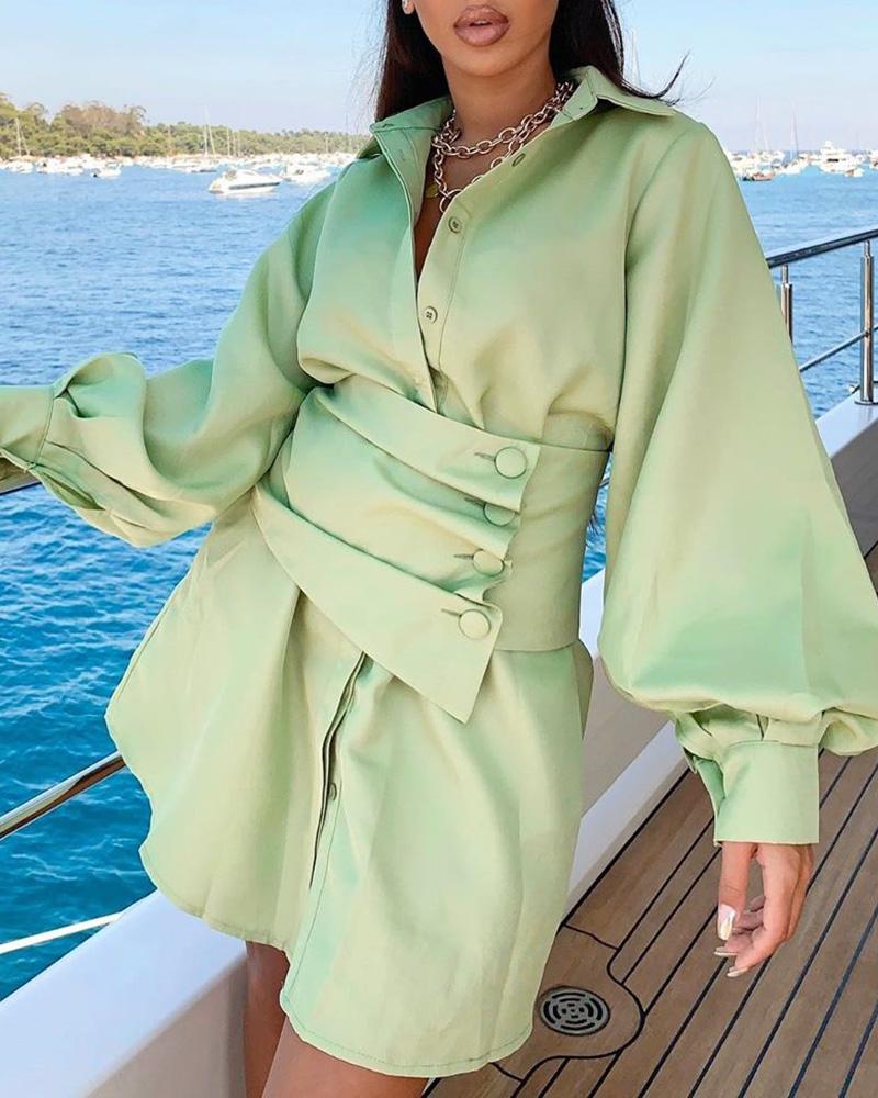 

Solid Lantern Sleeve Tight Waist Shirt Dress, Green