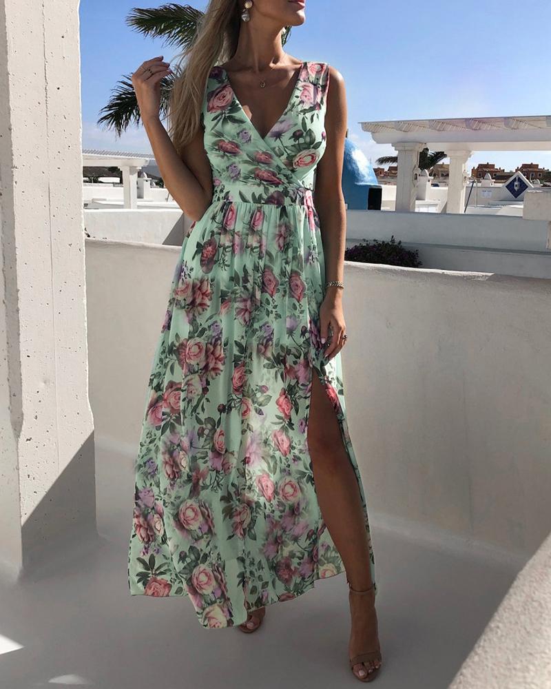 

Floral Print V-neck Slit Casual Dress, Green