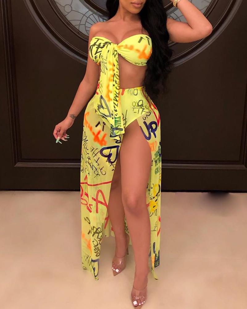 

Graffiti Print Tube Knotted Top & Skirt Sets, Yellow