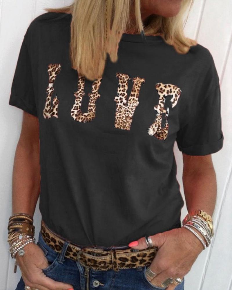 

Letter Cheetah Print Short Sleeve Casual T-shirt, Black