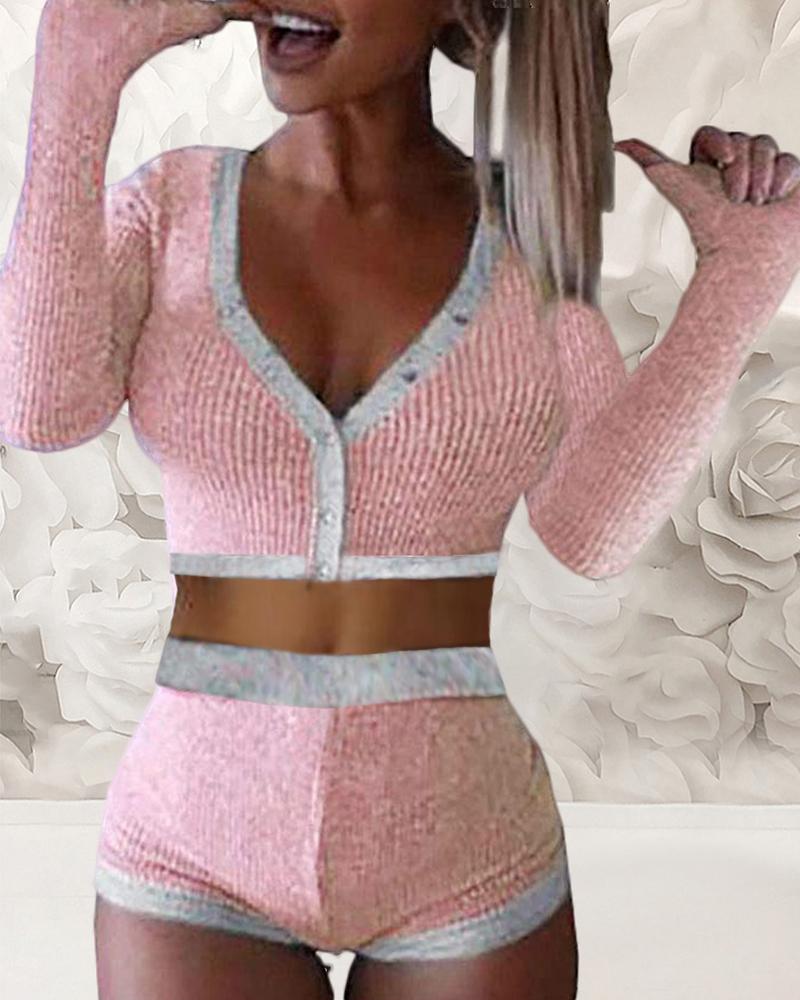 

Contrast Binding Bottoned Design Top & Shorts Set, Pink