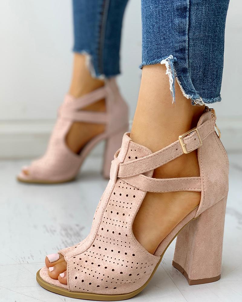 

Peep Toe Hollow Out Chunky Heels, Pink