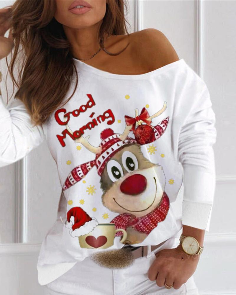 

Christmas Letter Moose Print Long Sleeve T-shirt, White