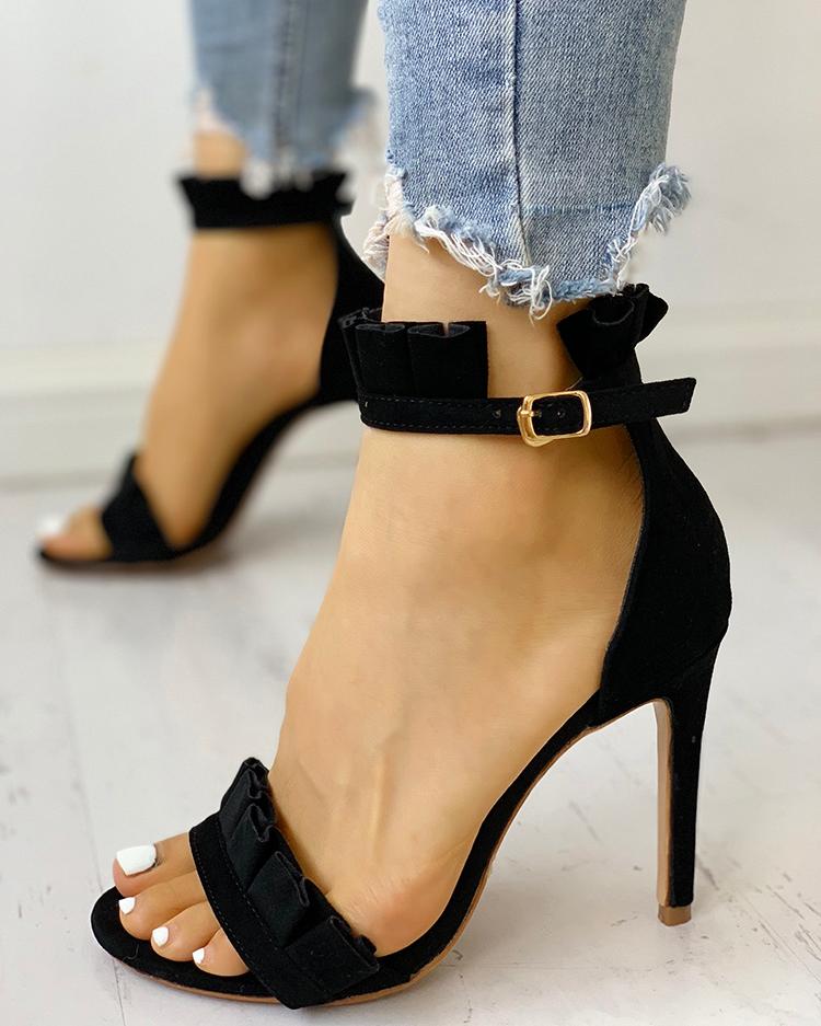 

Frilled Solid Color Thin Heeled Sandals, Black