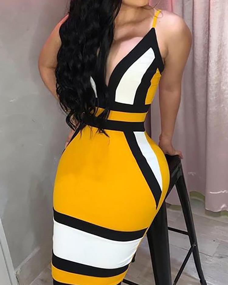 

Contrast Color Spaghetti Strap Party Dress, Yellow