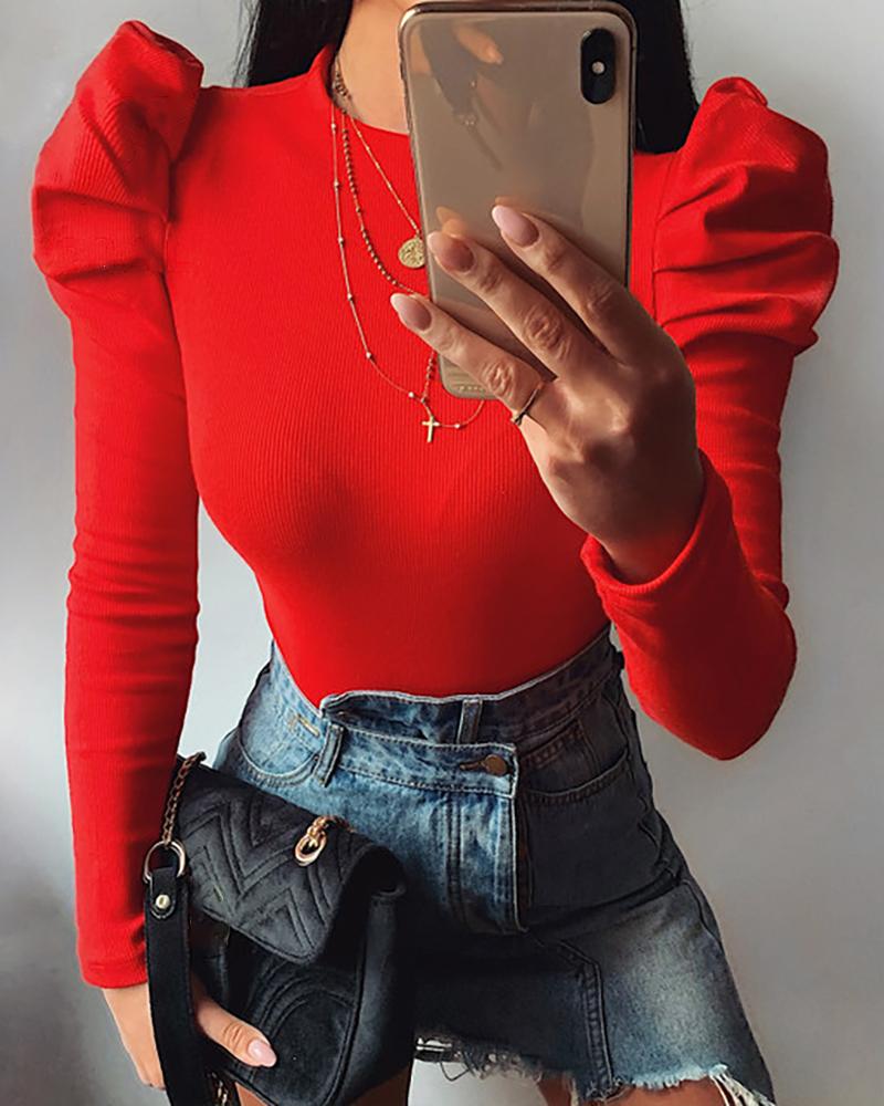 

Puffed Sleeve Solid Ribbed Bodysuit, Red