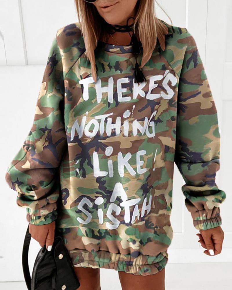 

Camouflage Letter Print Casual Sweatshirt Dress, Camoflage