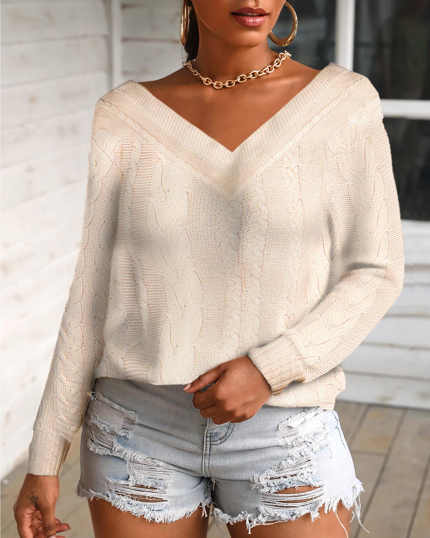 

Knit Solid Braided Long Sleeve Top, Beige