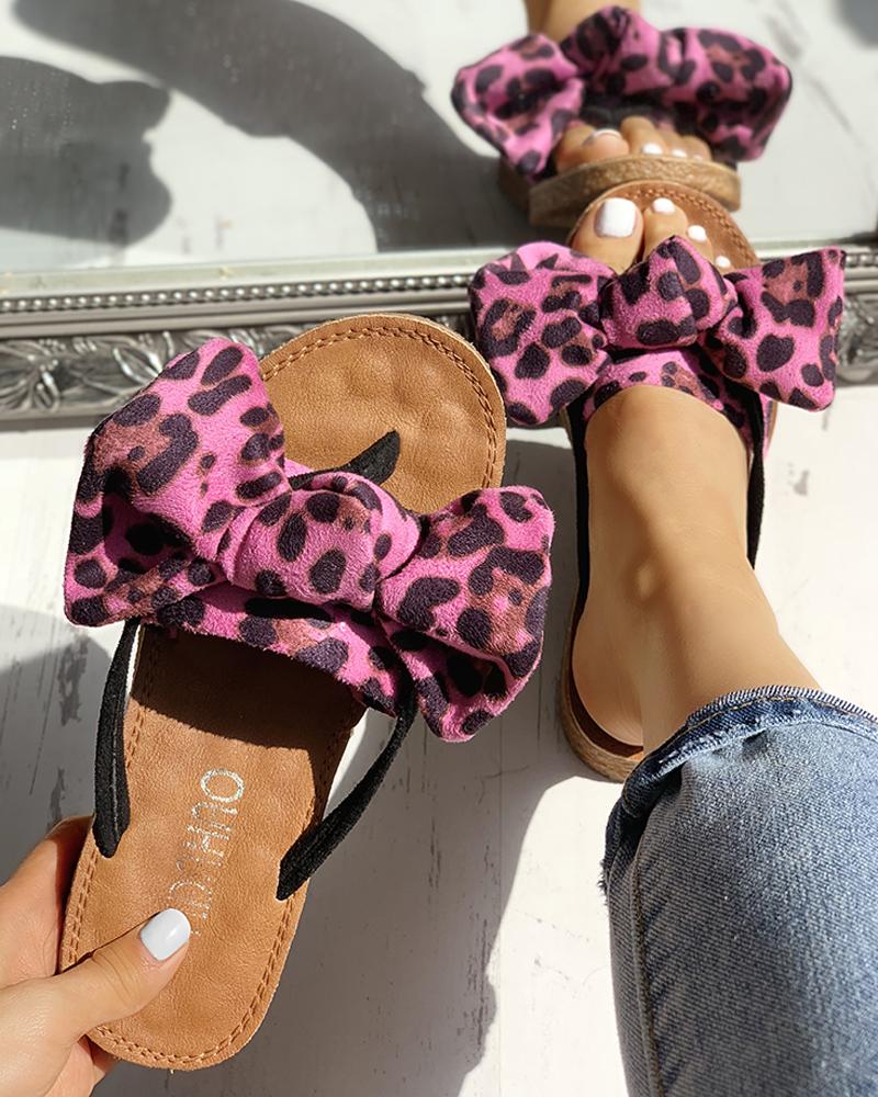 

Leopard Bowknot Design Flat Sandals, Hot pink