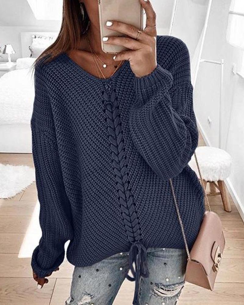 

V Neck Rib Knit Sweater, Dark blue
