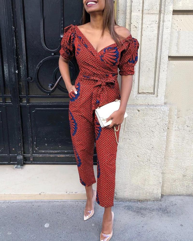 

Abstract Print Puff Sleeve Knotted Jumpsuit, Dark red