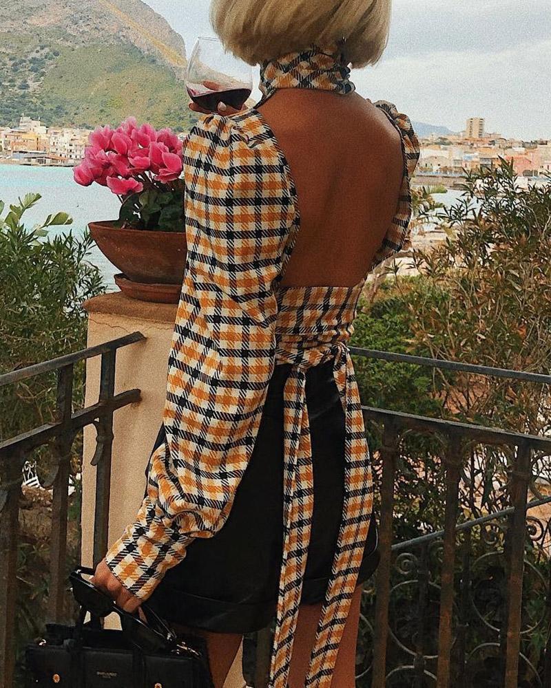 

Grid Knotted Open Back Blouse