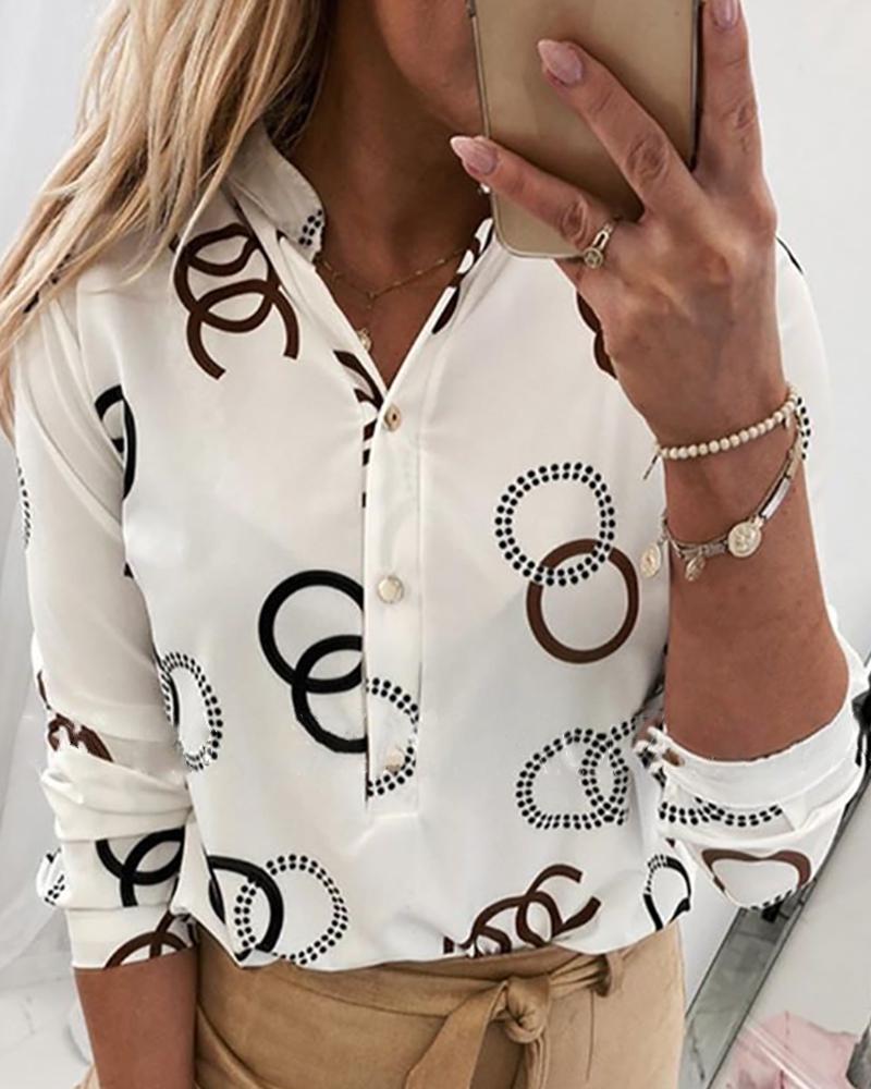 

Buttoned Print Long Sleeve Casual Blouse, White