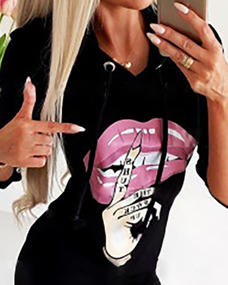 

Lip Print Slit Hooded Casual Dress, Black