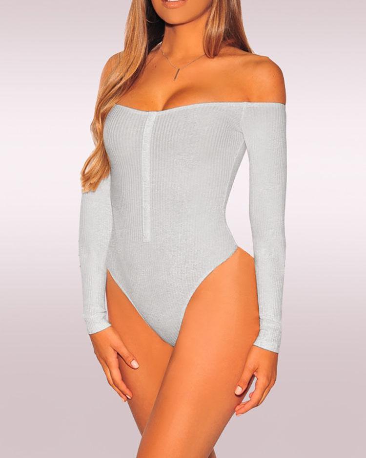 

Off Shoulder Rib Button Detail Bodysuit, Gray