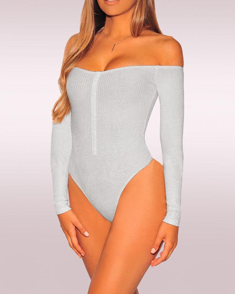 

Off Shoulder Rib Button Detail Bodysuit, Gray