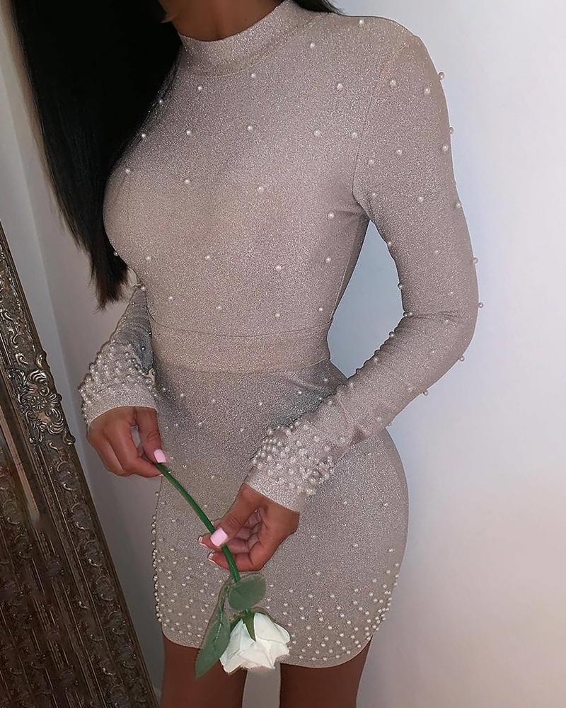 

Glitter Beaded Mock Neck Bodycon Dress, White
