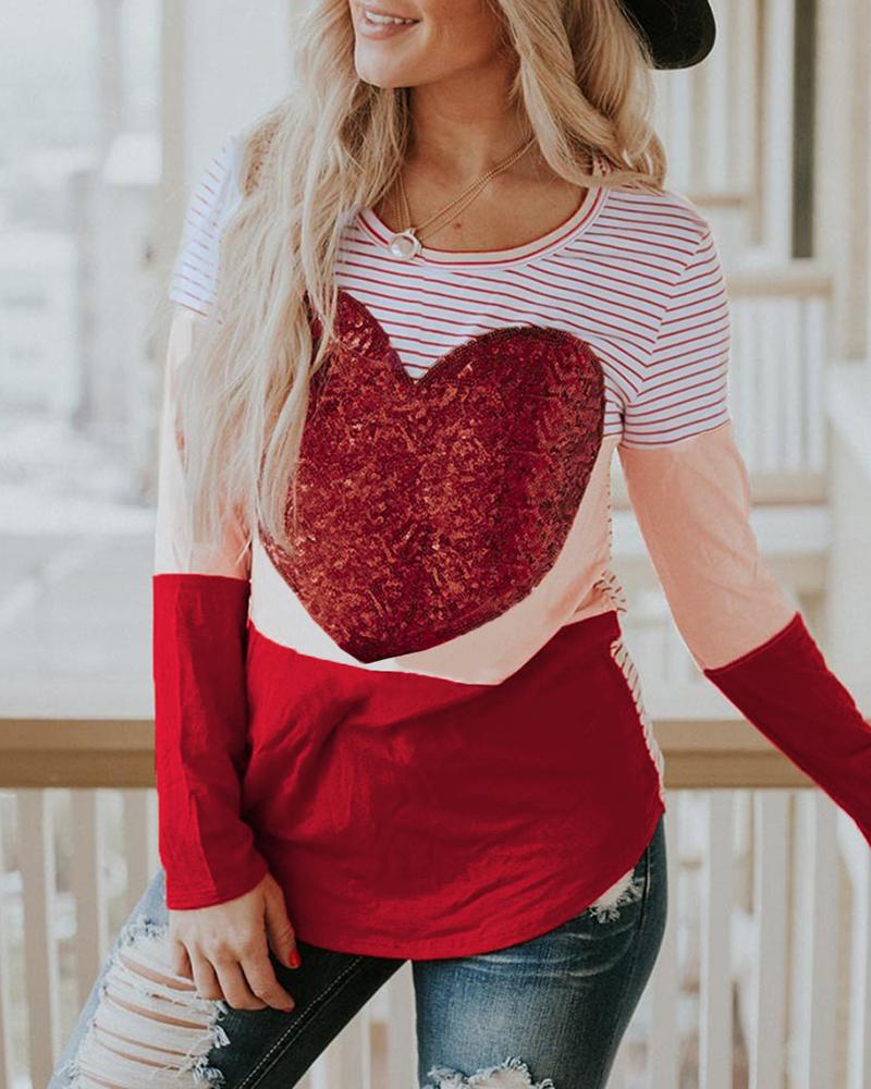 

Sequins Heart Pattern Long Sleeve Top, Red