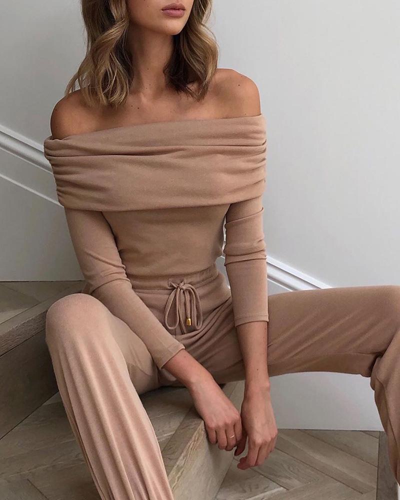 

Solid Off Shoulder Long Sleeve Top & Drawstring Pants Set, Light brown