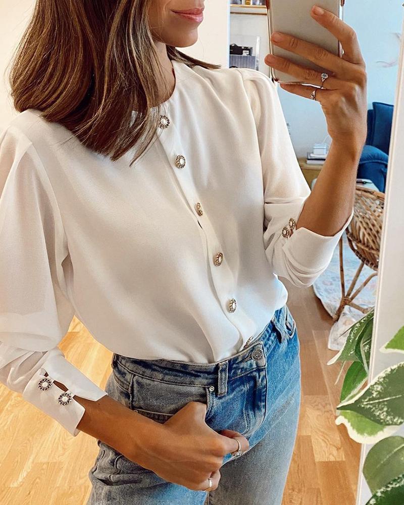 

Plain Button Design Puff Sleeve Shirt, White