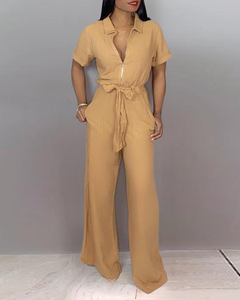 

Turn-down Collar Short Sleeve Wide Leg Jumpsuit, Khaki