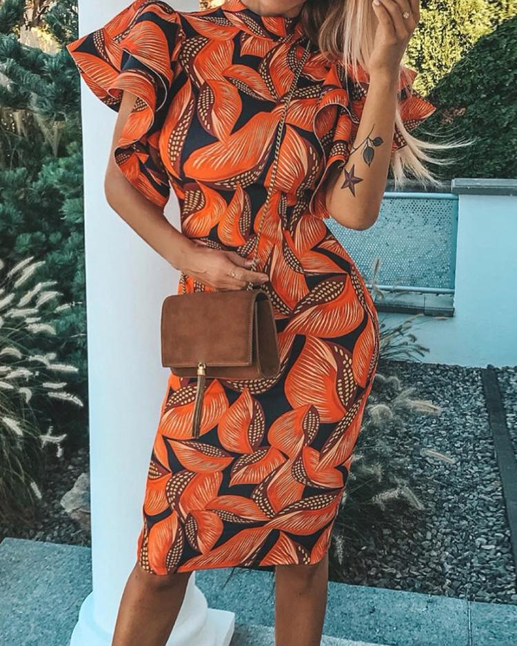 

Digital Print Layered Flounced Sleeve Pencil Dress, Orange