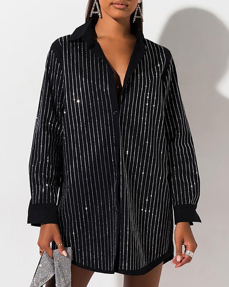 

Glitter Studded Long Sleeve Shirt Dress, Black