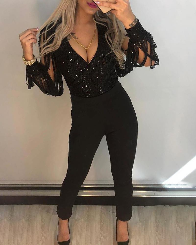 

Mesh Slit Design Plunge Sequins Blouse, Black